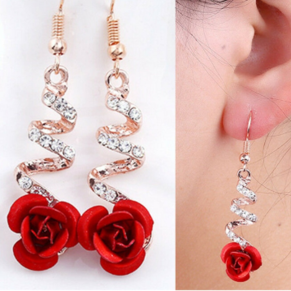 Rosie Rhinestone Red Flower Drop Earrings